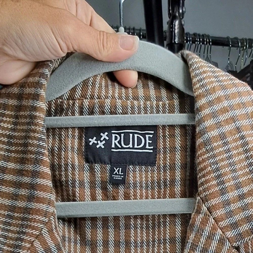 Rude Mens XL Brown Plaid Cotton Blazer Jacket Elbow Patches Dark Academia